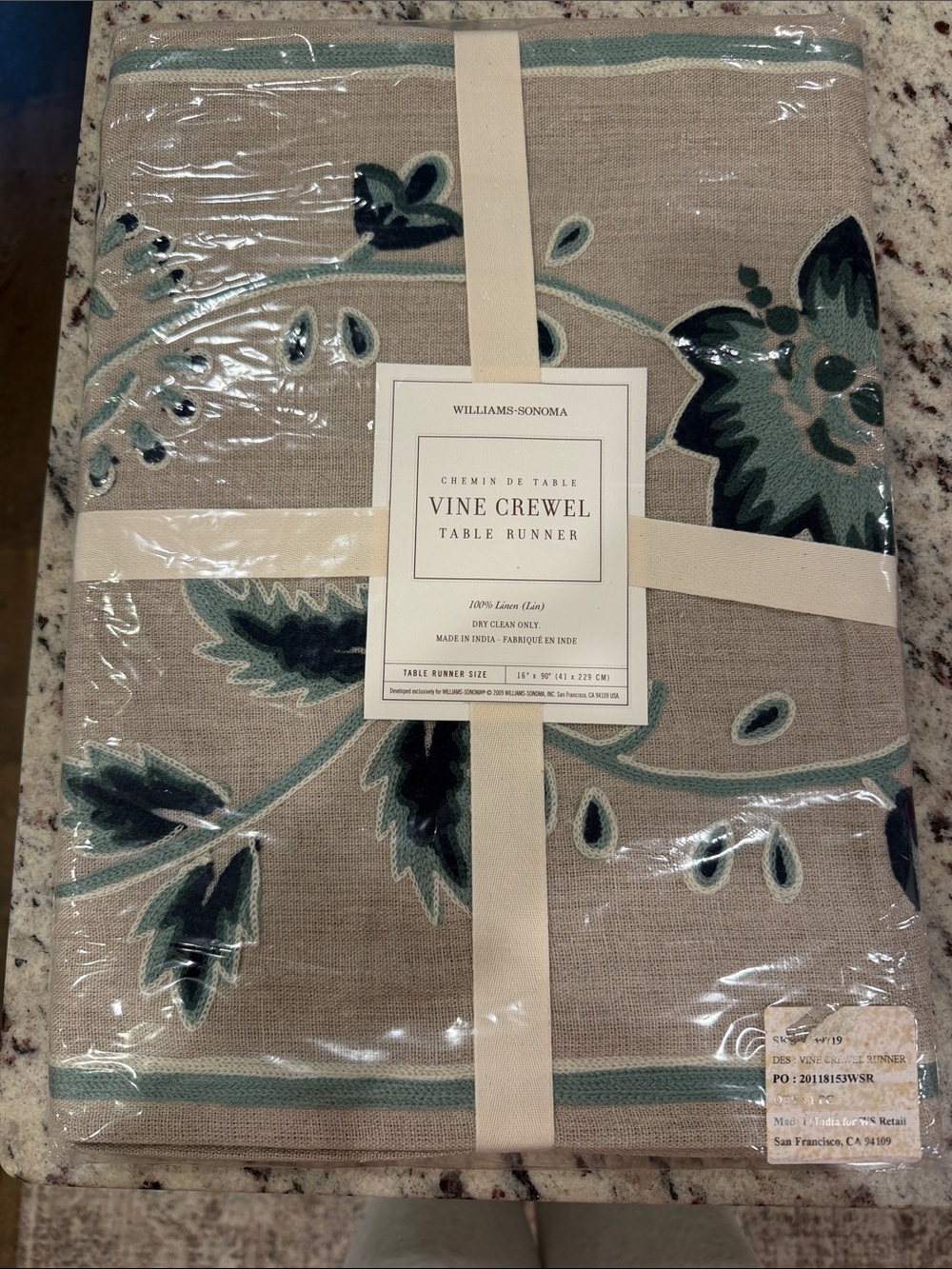 Williams Sonoma Vine Crewel Table Runner in Teal and Natural Linen